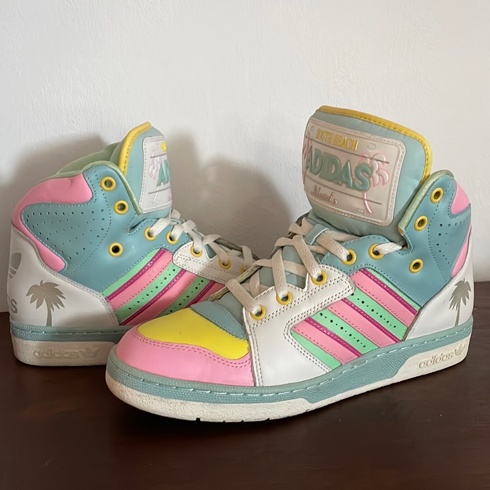 Adidas x Jeremy Scott limited edition “Miami License Plate” high top sneakers.
